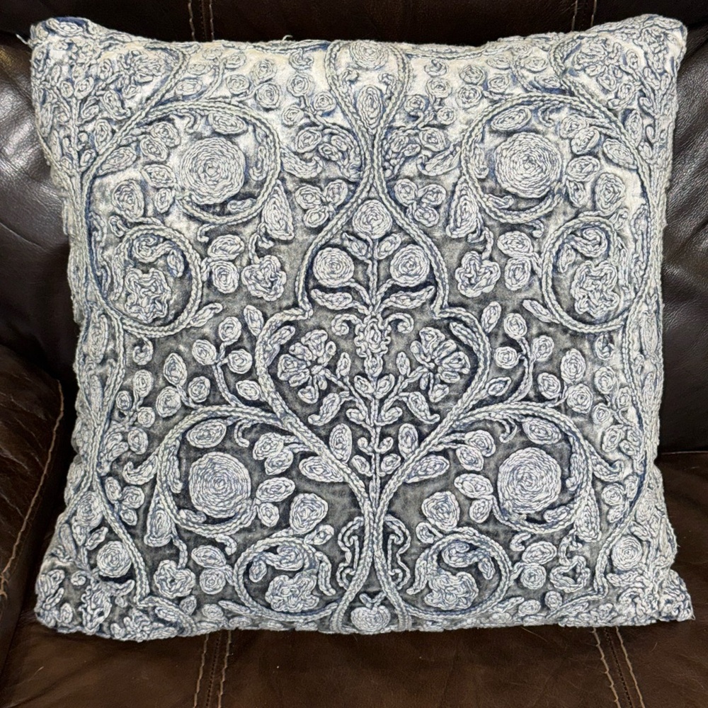 Large Floral Embroidered Pillow Denim with Velvet base